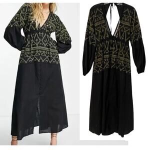 ASOS Design Embroidered Button Midaxi Dress Womens Size 8 Black Green Open Back